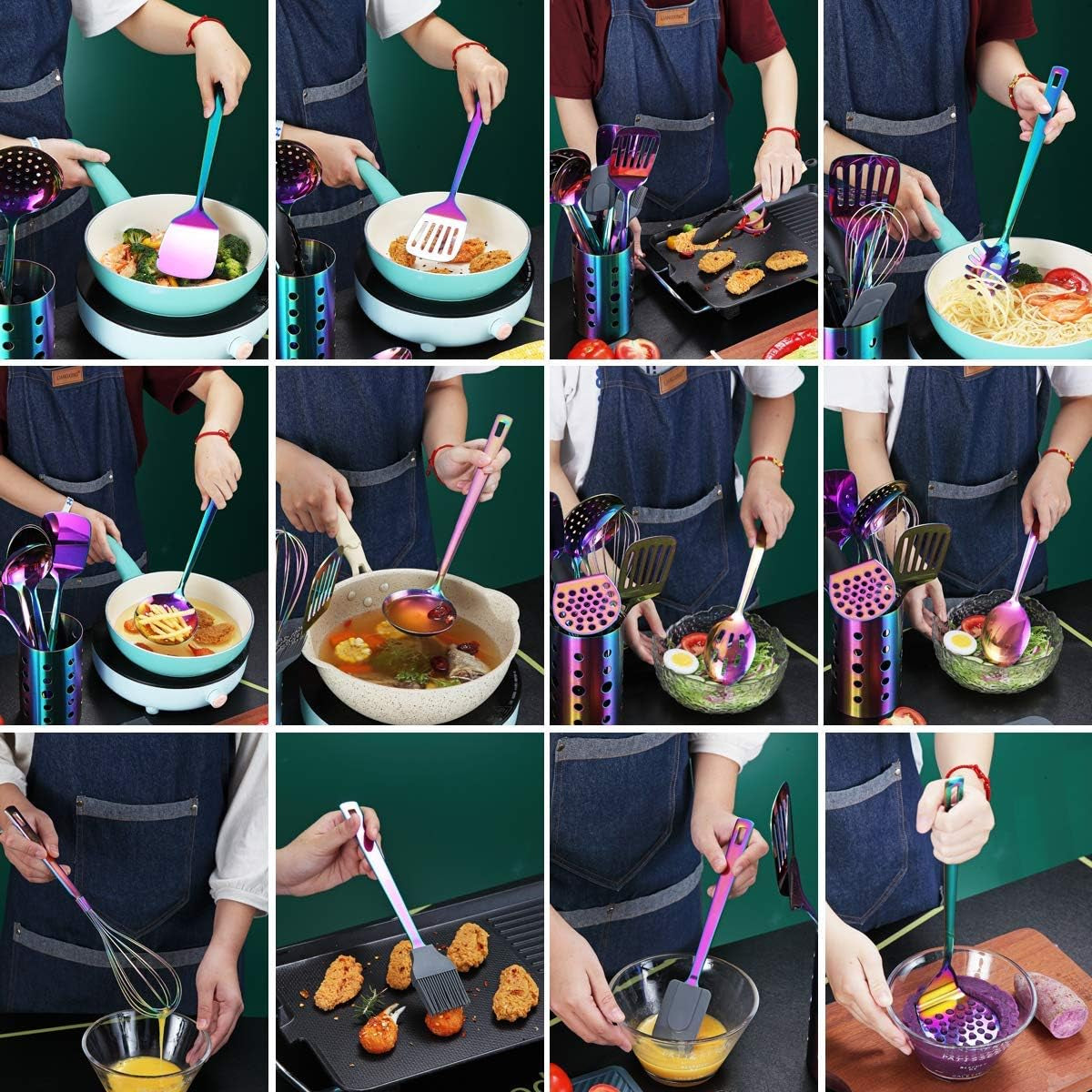 Elevate Your Cooking Experience with the 13-Piece Rainbow Stainless Steel Utensils Set - Perfect for Non-Stick Cookware!