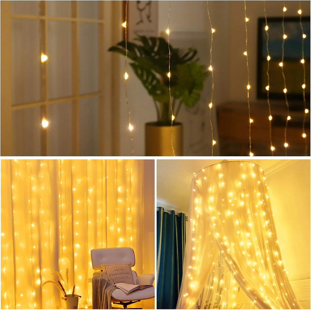 Window Curtain String Lights, 300 LED 8 Lighting Modes Fairy Copper Light with Remote, USB Powered for Christmas Party Wedding Home Decorations (Warm White)