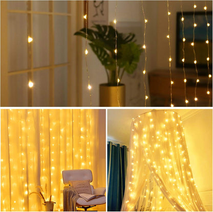 Window Curtain String Lights, 300 LED 8 Lighting Modes Fairy Copper Light with Remote, USB Powered for Christmas Party Wedding Home Decorations (Warm White)