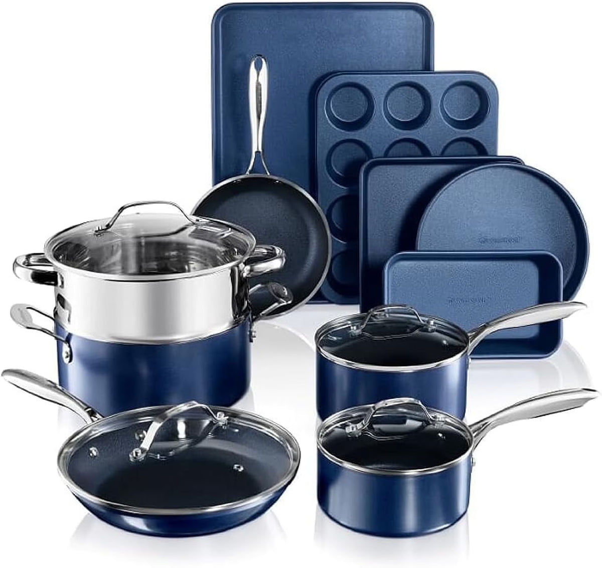 15 Pc Kitchen Pots and Pans Set Non Stick, Kitchen Cookware Sets, Pot and Pan Set, Nonstick Cookware Set, Diamond Coated Non Stick Pots and Pan Set, Dishwasher Safe - Blue