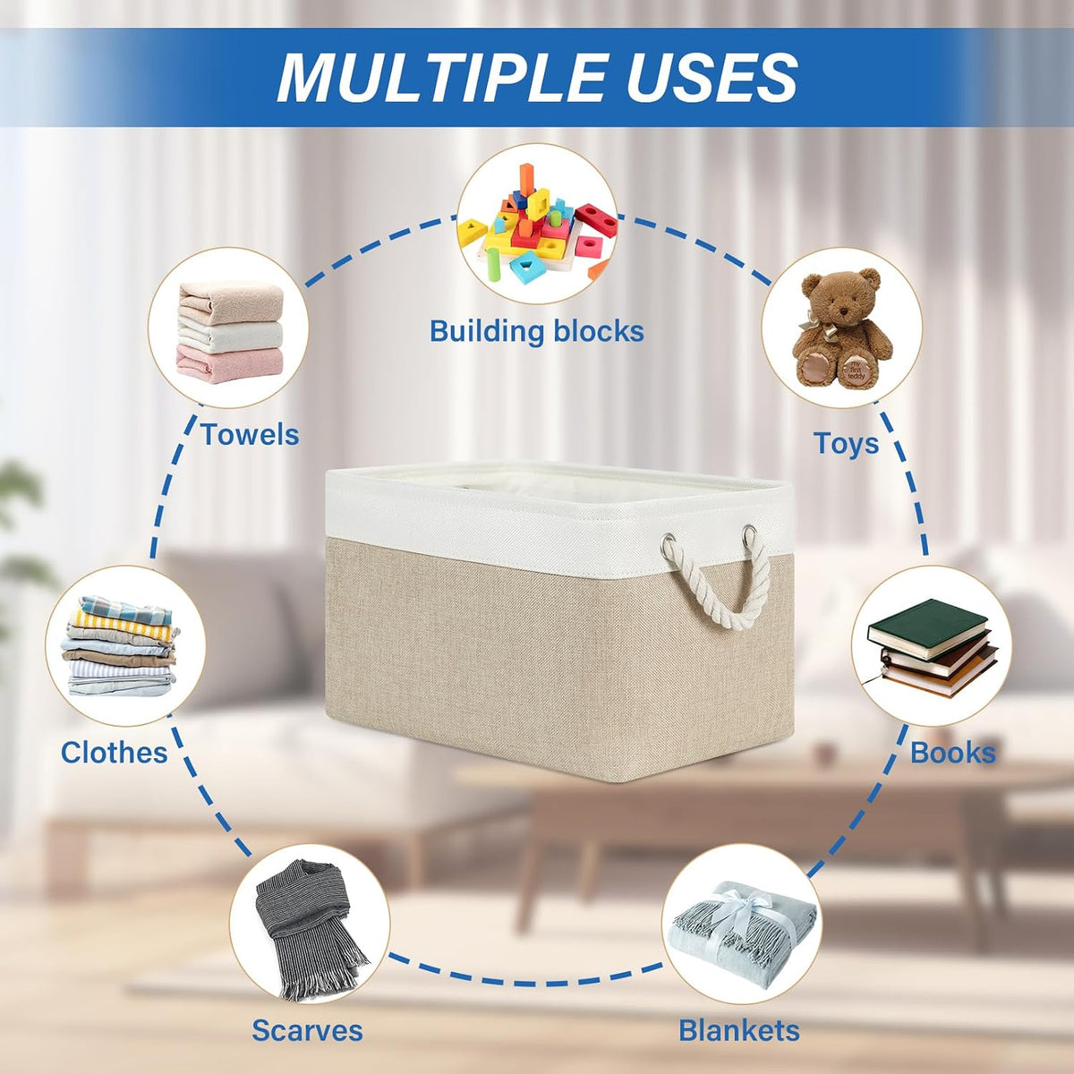 Fabric Storage Baskets 4Pack Storage Bins Decorative Basket for Gift, Clothes Bin with Rope Handle, Rectangle Baskets for Storage, Blankets(White&Khaki,15X11X9.5 Inch)