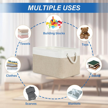 Fabric Storage Baskets 4Pack Storage Bins Decorative Basket for Gift, Clothes Bin with Rope Handle, Rectangle Baskets for Storage, Blankets(White&Khaki,15X11X9.5 Inch)