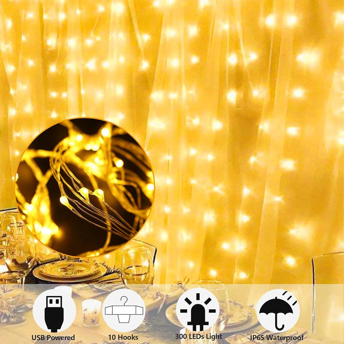 Window Curtain String Lights, 300 LED 8 Lighting Modes Fairy Copper Light with Remote, USB Powered for Christmas Party Wedding Home Decorations (Warm White)