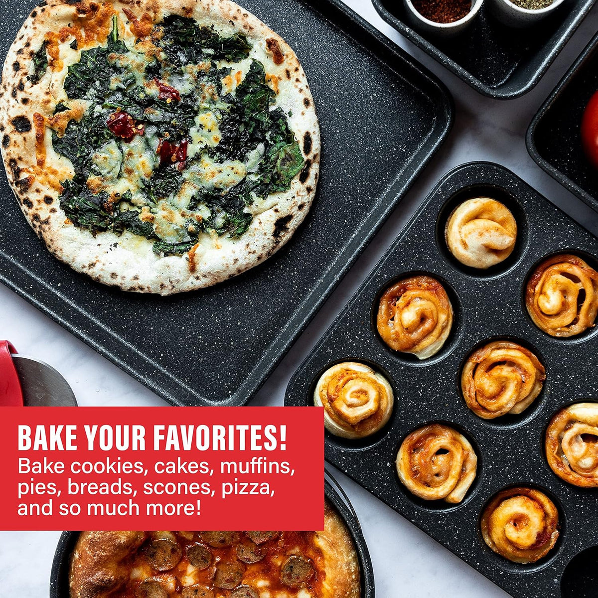 Black 6 Pc Stackable Nonstick Bakeware Set with Oven Pans, Baking Sheet, Wire Rack - Complete Kitchen Baking Set, Oven/Dishwasher Safe, 100% Non Toxic