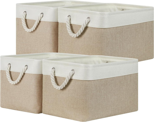 Fabric Storage Baskets 4Pack Storage Bins Decorative Basket for Gift, Clothes Bin with Rope Handle, Rectangle Baskets for Storage, Blankets(White&Khaki,15X11X9.5 Inch)