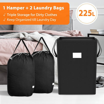 225L Laundry Hamper Collapsible Laundry Basket with Laundry Bags, Dirty Clothes Hamper,Laundry Basket with Handles Foldable Hamper Dorm and College Machine Washable Bags (Classic Black)