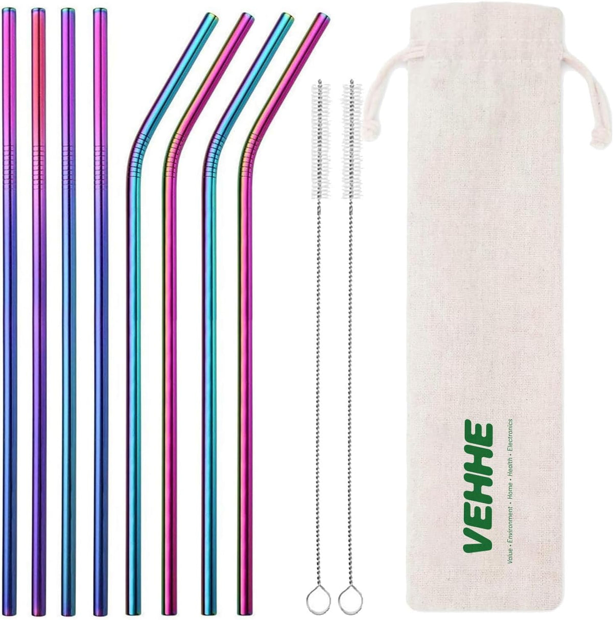 8 Pack Rainbow Metal Straws, Reusable Stainless Steel Straws 20/30 Oz | Rainbow Straw 10.5 Inch for Most Sizes of Cups | 304 Stainless Steel Construction | Includes Cleaning Brushes & Carry Bag