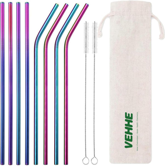 8 Pack Rainbow Metal Straws, Reusable Stainless Steel Straws 20/30 Oz | Rainbow Straw 10.5 Inch for Most Sizes of Cups | 304 Stainless Steel Construction | Includes Cleaning Brushes & Carry Bag
