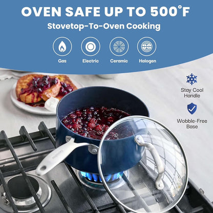 15 Pc Kitchen Pots and Pans Set Non Stick, Kitchen Cookware Sets, Pot and Pan Set, Nonstick Cookware Set, Diamond Coated Non Stick Pots and Pan Set, Dishwasher Safe - Blue