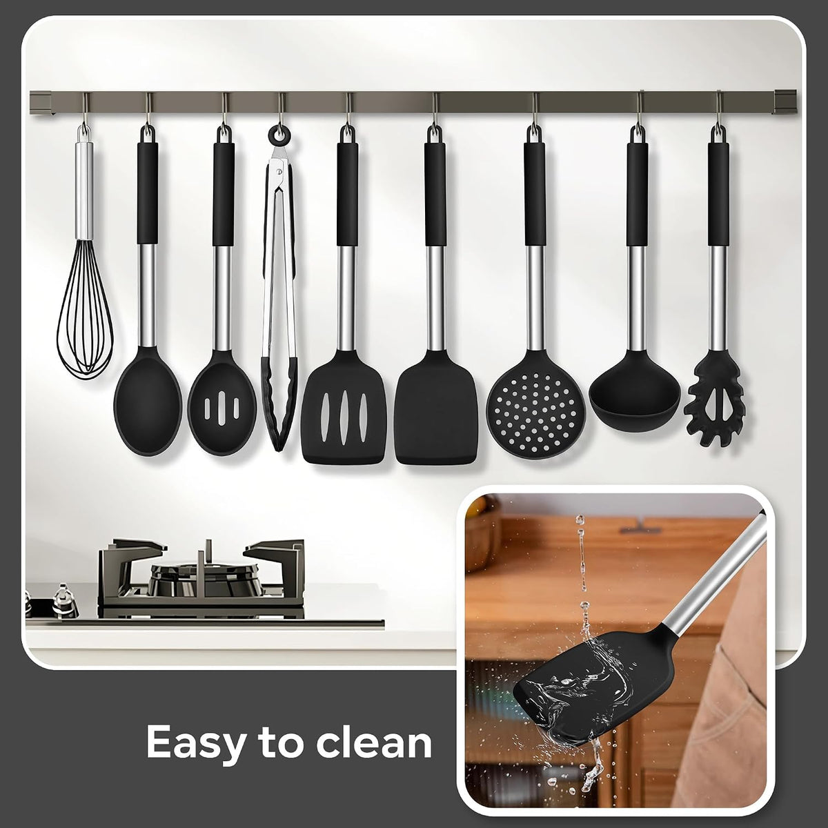 Silicone Utensils Set, 9-Piece Kitchen Cooking Utensils, Black