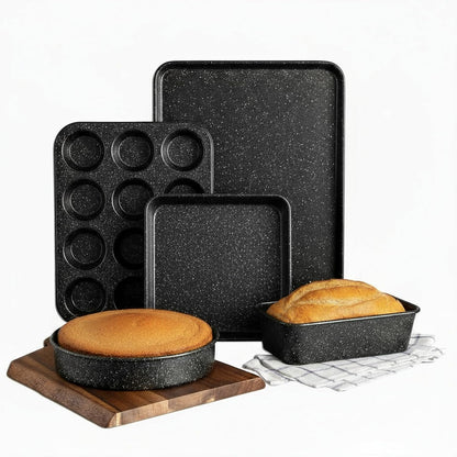 Black 6 Pc Stackable Nonstick Bakeware Set with Oven Pans, Baking Sheet, Wire Rack - Complete Kitchen Baking Set, Oven/Dishwasher Safe, 100% Non Toxic