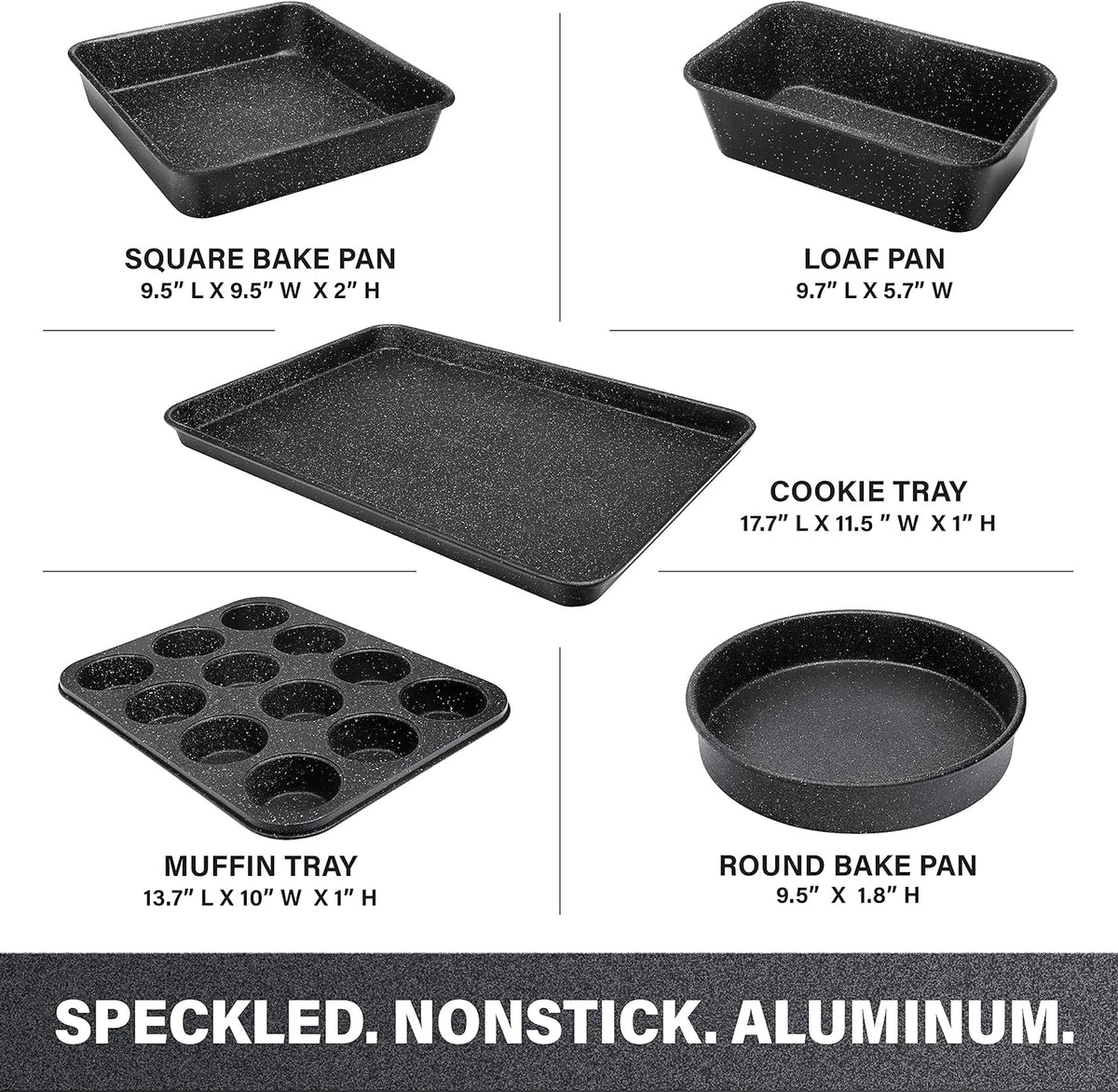 Black 6 Pc Stackable Nonstick Bakeware Set with Oven Pans, Baking Sheet, Wire Rack - Complete Kitchen Baking Set, Oven/Dishwasher Safe, 100% Non Toxic