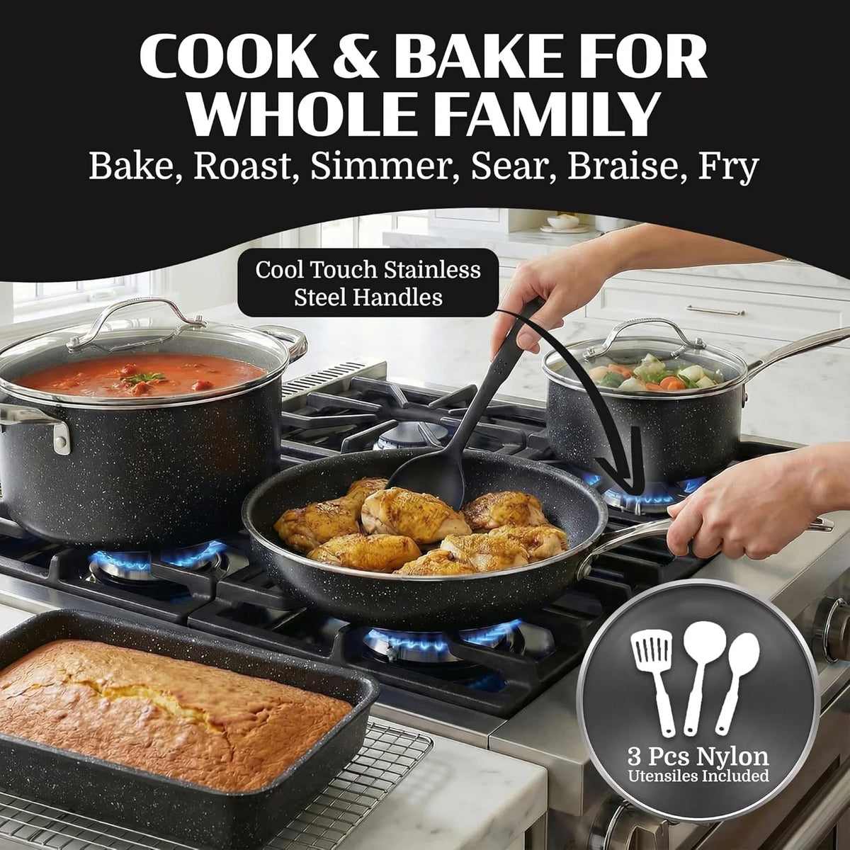 20 Pc Pots and Pans Set Non Stick, Pots and Pans Ceramic Cookware Set with Square Pan, Pot and Pan Set with Bakeware/Utensils, Non Stick Pots and Pan Set, Oven/Dishwasher Safe, Black