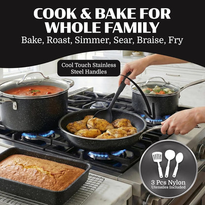 20 Pc Pots and Pans Set Non Stick, Pots and Pans Ceramic Cookware Set with Square Pan, Pot and Pan Set with Bakeware/Utensils, Non Stick Pots and Pan Set, Oven/Dishwasher Safe, Black
