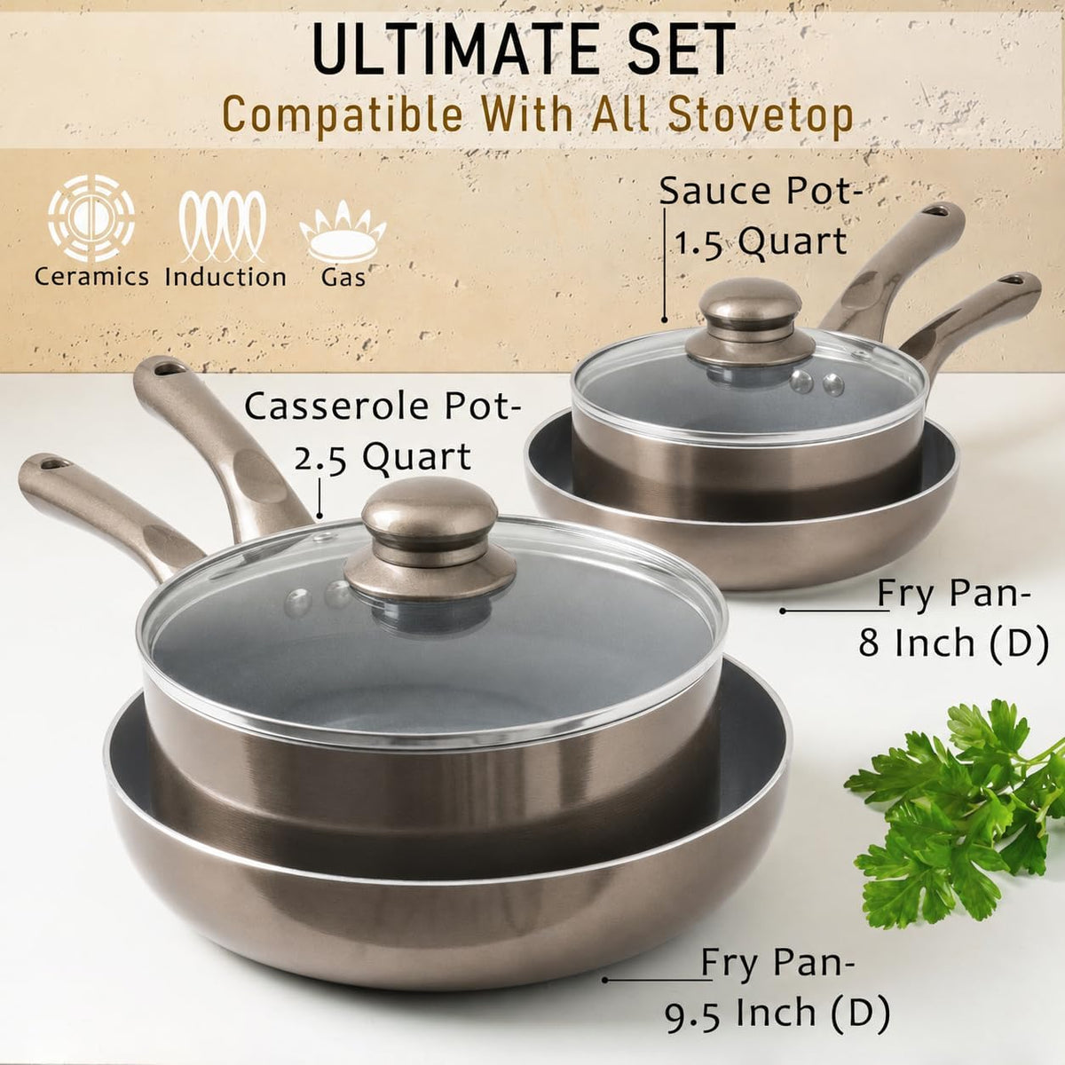 Pots and Pans Set Nonstick, 6-Piece Induction Cookware Set | Dark Grey Kitchen Cookware with Glass Lids Stay-Cool Handles, Frying Pans & Saucepan for Gas, Electric & Induction, PTFE/PFOA