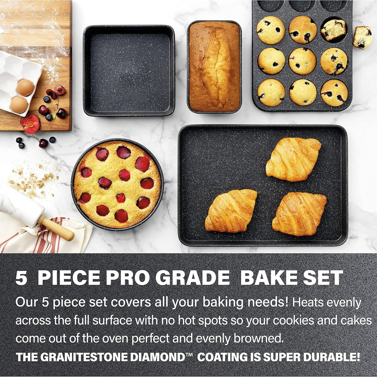 Black 6 Pc Stackable Nonstick Bakeware Set with Oven Pans, Baking Sheet, Wire Rack - Complete Kitchen Baking Set, Oven/Dishwasher Safe, 100% Non Toxic