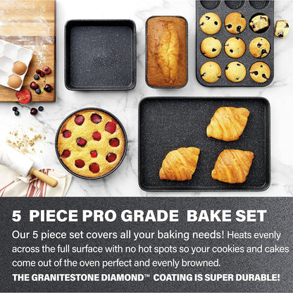 Black 6 Pc Stackable Nonstick Bakeware Set with Oven Pans, Baking Sheet, Wire Rack - Complete Kitchen Baking Set, Oven/Dishwasher Safe, 100% Non Toxic