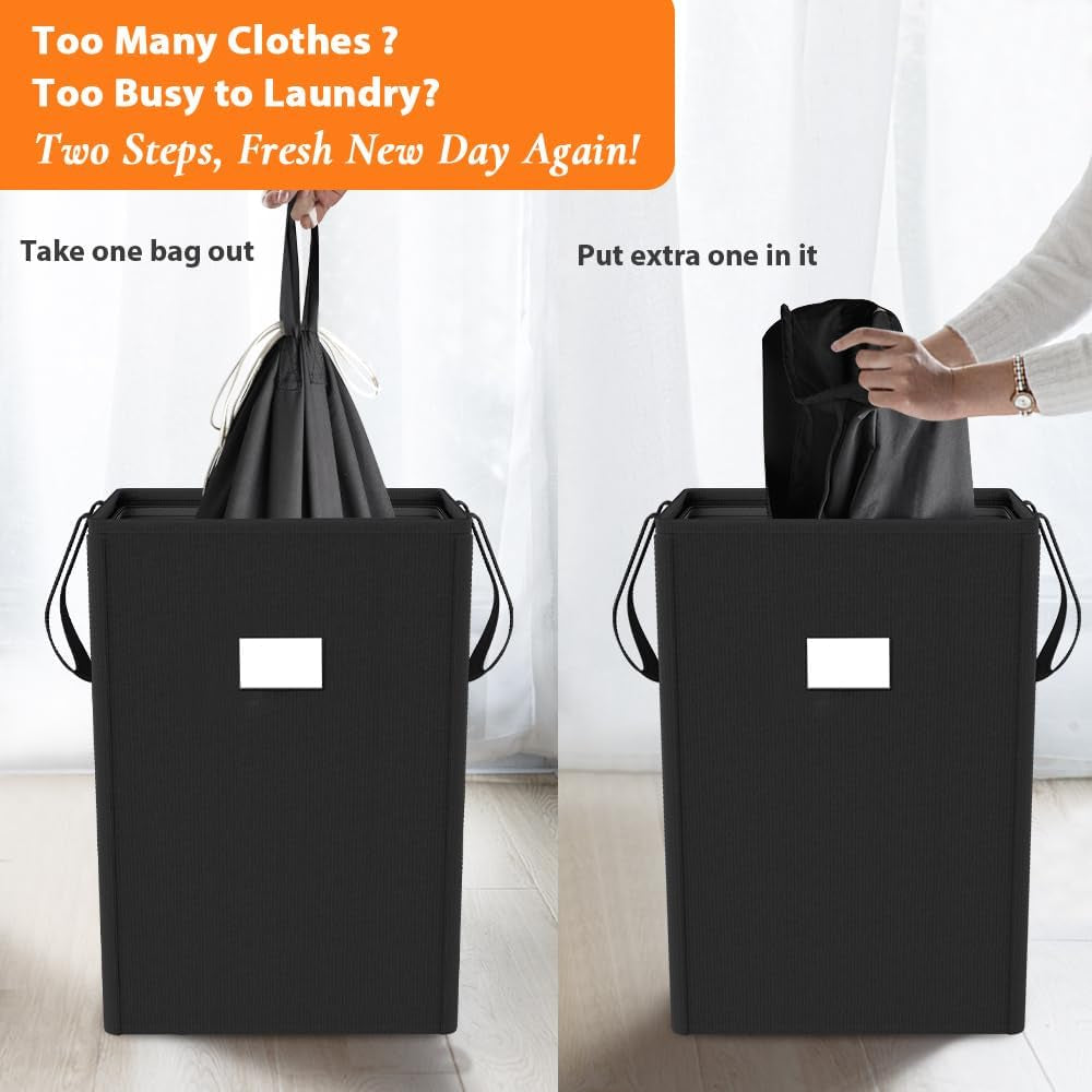 225L Laundry Hamper Collapsible Laundry Basket with Laundry Bags, Dirty Clothes Hamper,Laundry Basket with Handles Foldable Hamper Dorm and College Machine Washable Bags (Classic Black)
