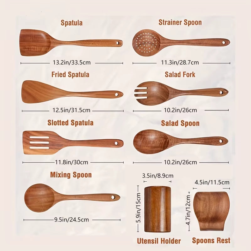 9PCS Wooden Spoons for Cooking, Wooden Utensils for Cooking with Utensils Holder, Teak Wooden Kitchen Utensils Set