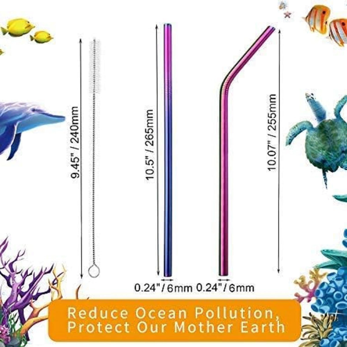 8 Pack Rainbow Metal Straws, Reusable Stainless Steel Straws 20/30 Oz | Rainbow Straw 10.5 Inch for Most Sizes of Cups | 304 Stainless Steel Construction | Includes Cleaning Brushes & Carry Bag