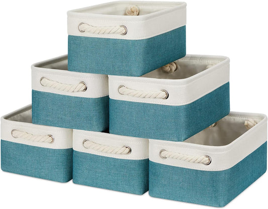 Fabric Baskets for Organizing Closet Set of 6 Small Storage Bins 11.8 X 7.8 X 5 Inches Decorative Storage Baskets for Shelves Foldable Bins for Cube Organizer Rectangular(White&Teal Blue)