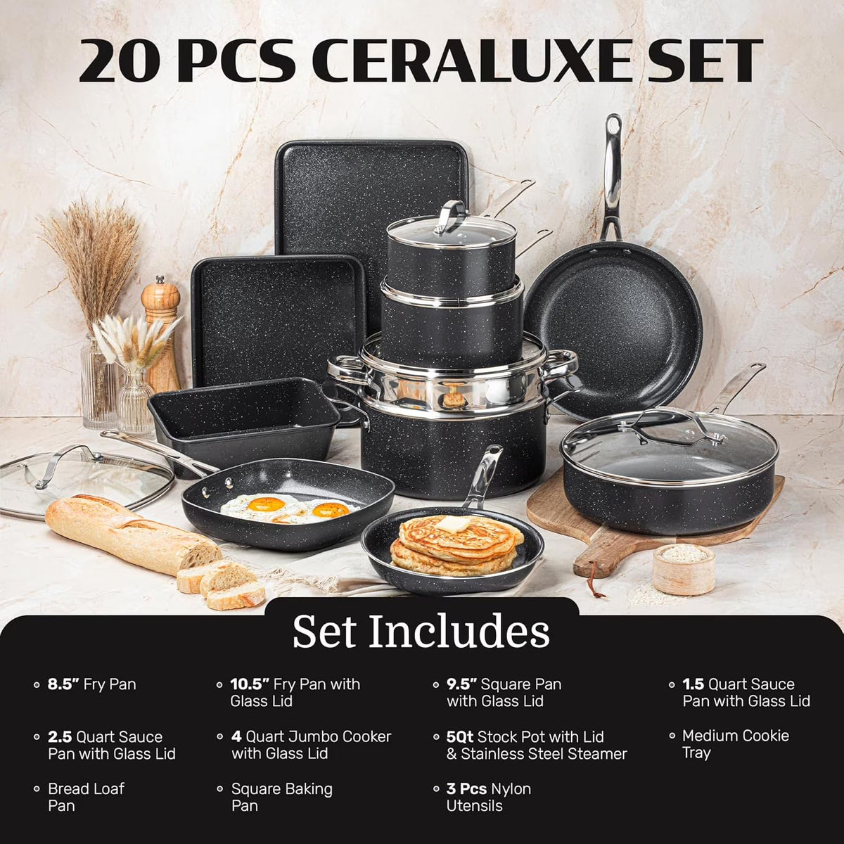 20 Pc Pots and Pans Set Non Stick, Pots and Pans Ceramic Cookware Set with Square Pan, Pot and Pan Set with Bakeware/Utensils, Non Stick Pots and Pan Set, Oven/Dishwasher Safe, Black