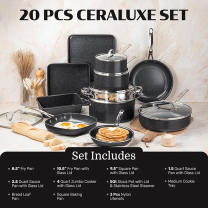 20 Pc Pots and Pans Set Non Stick, Pots and Pans Ceramic Cookware Set with Square Pan, Pot and Pan Set with Bakeware/Utensils, Non Stick Pots and Pan Set, Oven/Dishwasher Safe, Black
