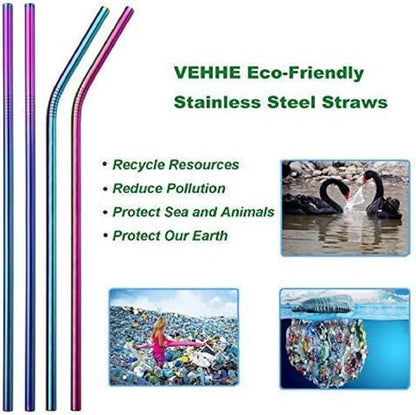 8 Pack Rainbow Metal Straws, Reusable Stainless Steel Straws 20/30 Oz | Rainbow Straw 10.5 Inch for Most Sizes of Cups | 304 Stainless Steel Construction | Includes Cleaning Brushes & Carry Bag