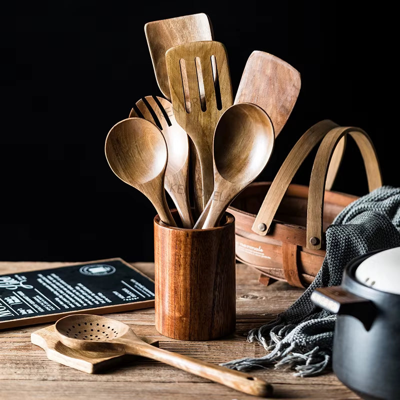 9PCS Wooden Spoons for Cooking, Wooden Utensils for Cooking with Utensils Holder, Teak Wooden Kitchen Utensils Set