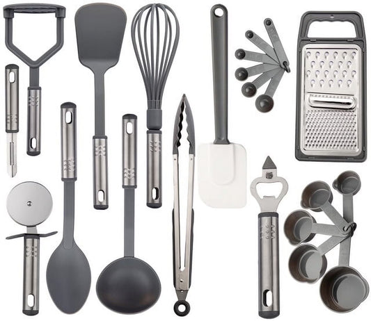 23 Pieces Cooking Utensils Set, Kitchen Utensils Sets of Nylon and Stainless Steel Utensils Set Pack of 1, Gray Utensils Set