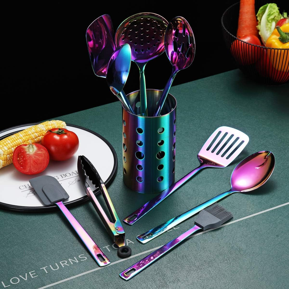 Elevate Your Cooking Experience with the 13-Piece Rainbow Stainless Steel Utensils Set - Perfect for Non-Stick Cookware!