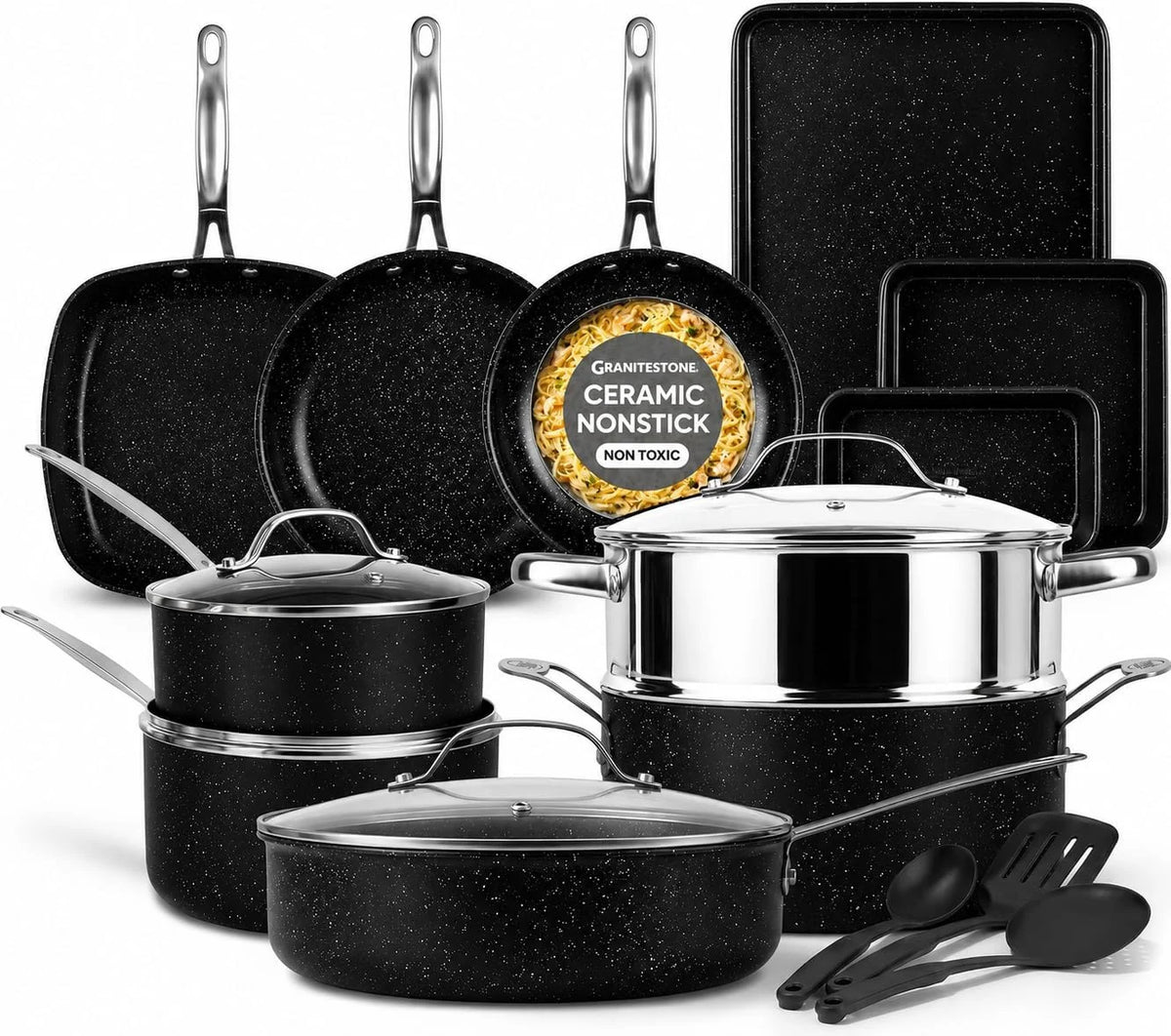 20 Pc Pots and Pans Set Non Stick, Pots and Pans Ceramic Cookware Set with Square Pan, Pot and Pan Set with Bakeware/Utensils, Non Stick Pots and Pan Set, Oven/Dishwasher Safe, Black