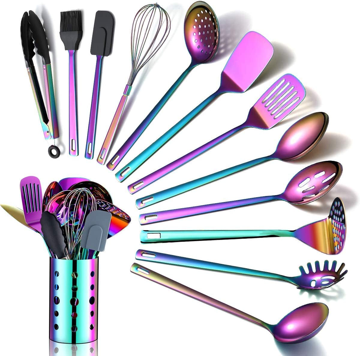 Elevate Your Cooking Experience with the 13-Piece Rainbow Stainless Steel Utensils Set - Perfect for Non-Stick Cookware!