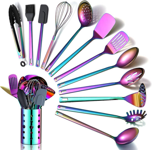 Elevate Your Cooking Experience with the 13-Piece Rainbow Stainless Steel Utensils Set - Perfect for Non-Stick Cookware!