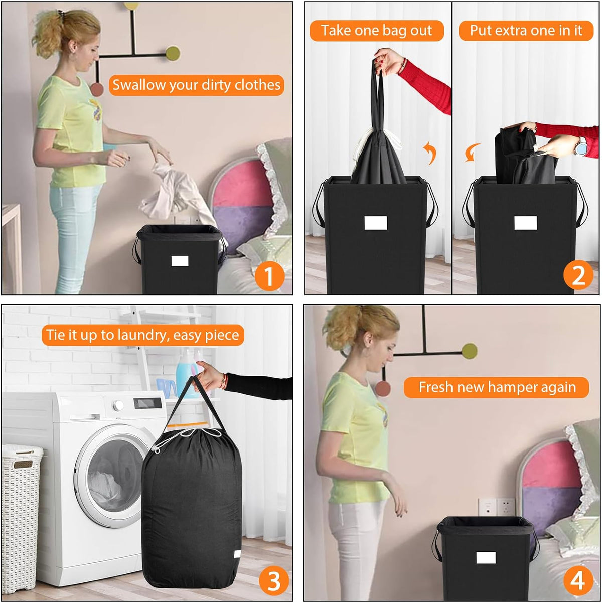 225L Laundry Hamper Collapsible Laundry Basket with Laundry Bags, Dirty Clothes Hamper,Laundry Basket with Handles Foldable Hamper Dorm and College Machine Washable Bags (Classic Black)