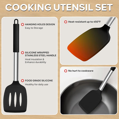 Silicone Utensils Set, 9-Piece Kitchen Cooking Utensils, Black