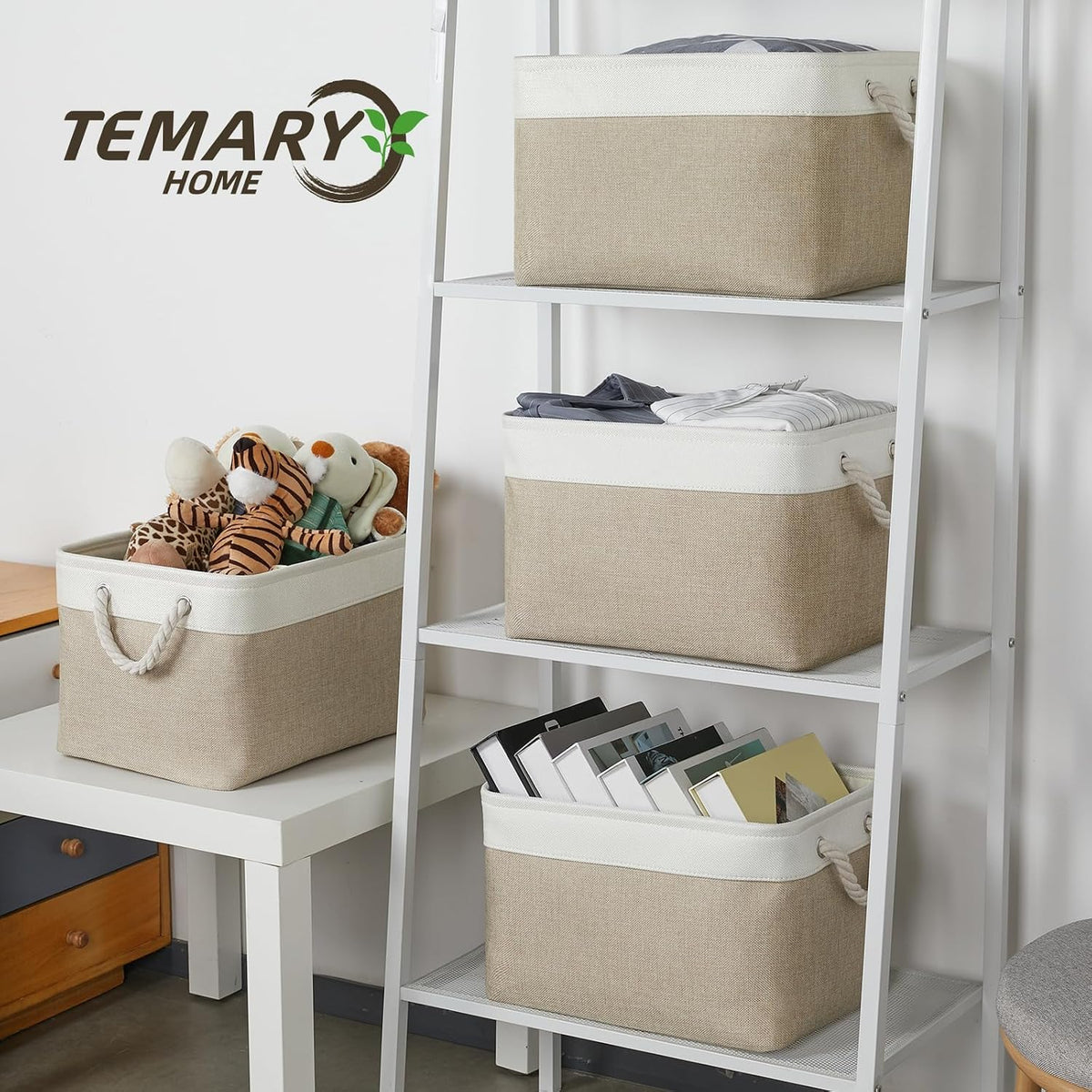 Fabric Storage Baskets 4Pack Storage Bins Decorative Basket for Gift, Clothes Bin with Rope Handle, Rectangle Baskets for Storage, Blankets(White&Khaki,15X11X9.5 Inch)