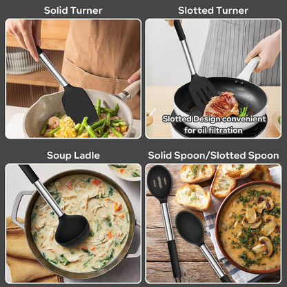 Silicone Utensils Set, 9-Piece Kitchen Cooking Utensils, Black