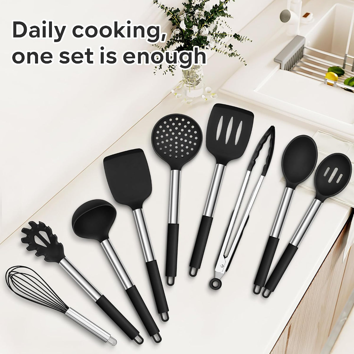 Silicone Utensils Set, 9-Piece Kitchen Cooking Utensils, Black