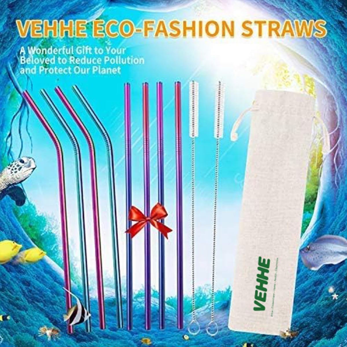 8 Pack Rainbow Metal Straws, Reusable Stainless Steel Straws 20/30 Oz | Rainbow Straw 10.5 Inch for Most Sizes of Cups | 304 Stainless Steel Construction | Includes Cleaning Brushes & Carry Bag