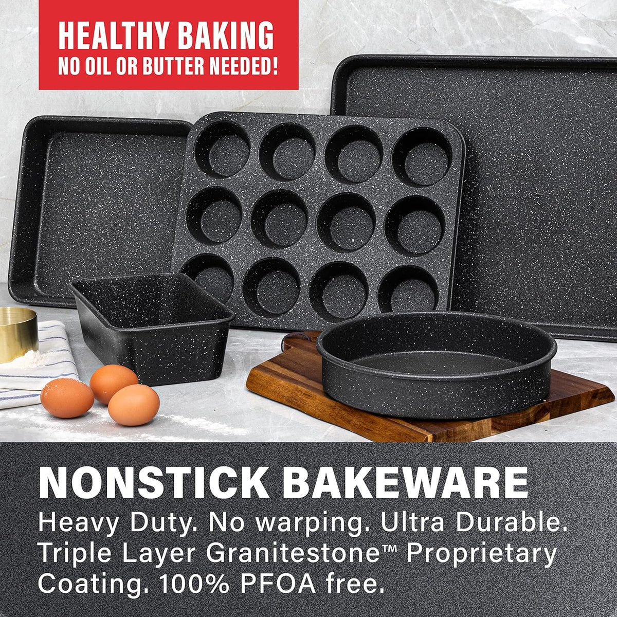 Black 6 Pc Stackable Nonstick Bakeware Set with Oven Pans, Baking Sheet, Wire Rack - Complete Kitchen Baking Set, Oven/Dishwasher Safe, 100% Non Toxic