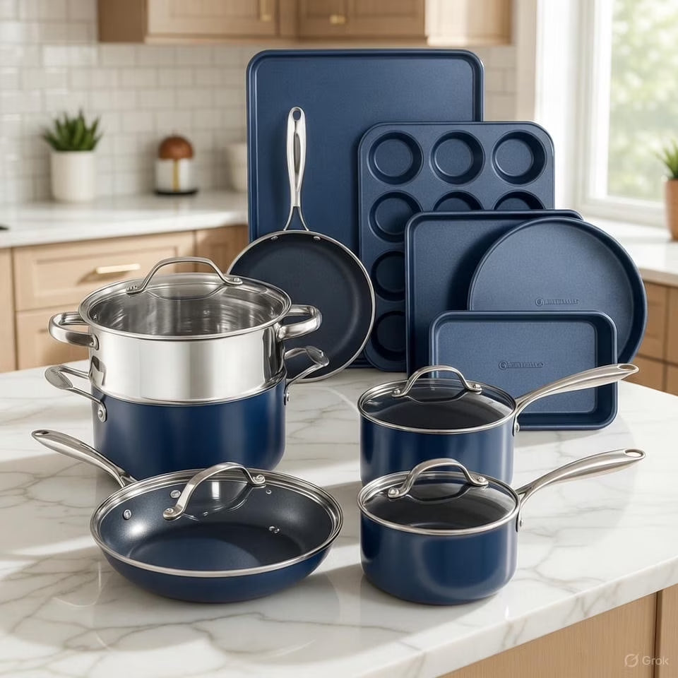 15 Pc Kitchen Pots and Pans Set Non Stick, Kitchen Cookware Sets, Pot and Pan Set, Nonstick Cookware Set, Diamond Coated Non Stick Pots and Pan Set, Dishwasher Safe - Blue