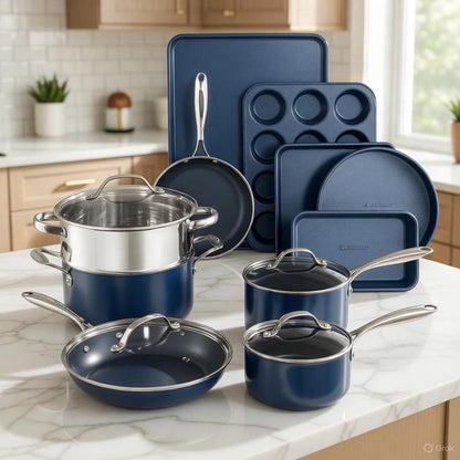 15 Pc Kitchen Pots and Pans Set Non Stick, Kitchen Cookware Sets, Pot and Pan Set, Nonstick Cookware Set, Diamond Coated Non Stick Pots and Pan Set, Dishwasher Safe - Blue