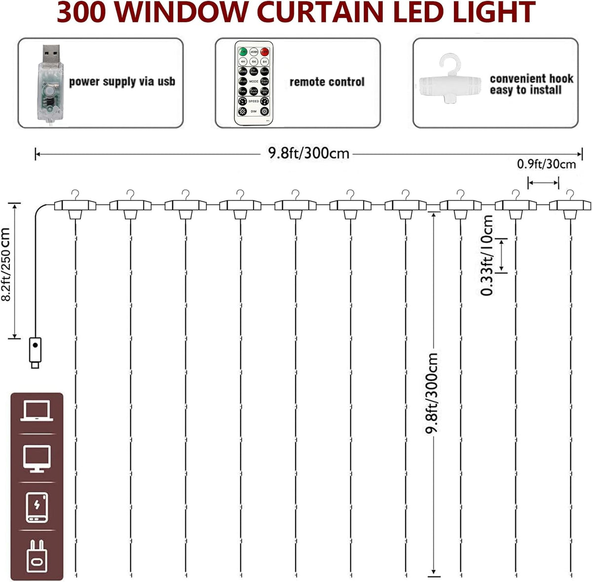 Window Curtain String Lights, 300 LED 8 Lighting Modes Fairy Copper Light with Remote, USB Powered for Christmas Party Wedding Home Decorations (Warm White)