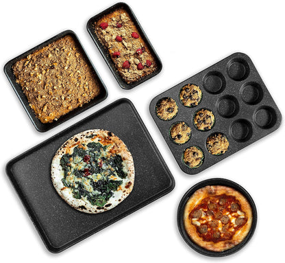 Black 6 Pc Stackable Nonstick Bakeware Set with Oven Pans, Baking Sheet, Wire Rack - Complete Kitchen Baking Set, Oven/Dishwasher Safe, 100% Non Toxic